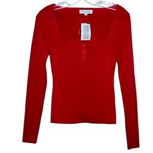 NWT INTERMIX Red Daria Square Neck Henley Placket Long Sleeve Sweater Size S